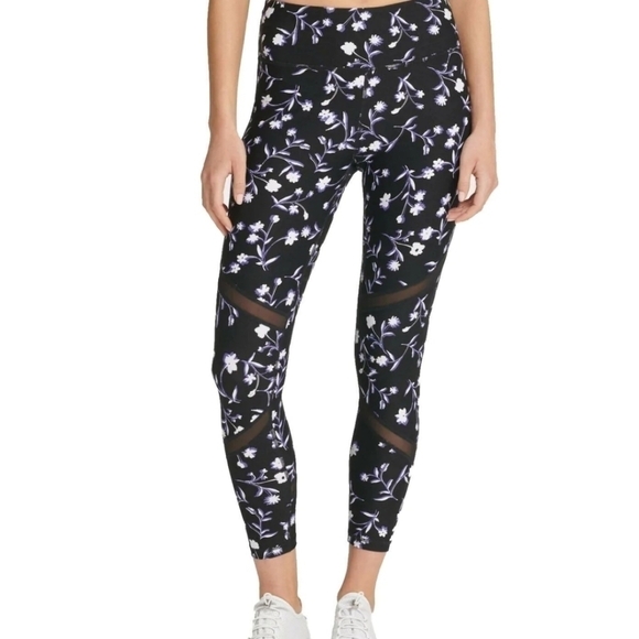 DKNY Sport Floral Print Mesh Inset Trim Athletic Training Yoga Pants Leggings XS - Picture 4 of 10